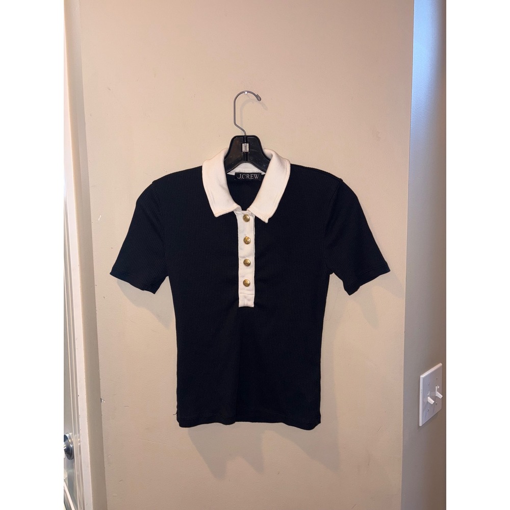 J.Crew Womens Ribbed Knit Polo Shirt Black White Gold Crest Button Short Sleeve